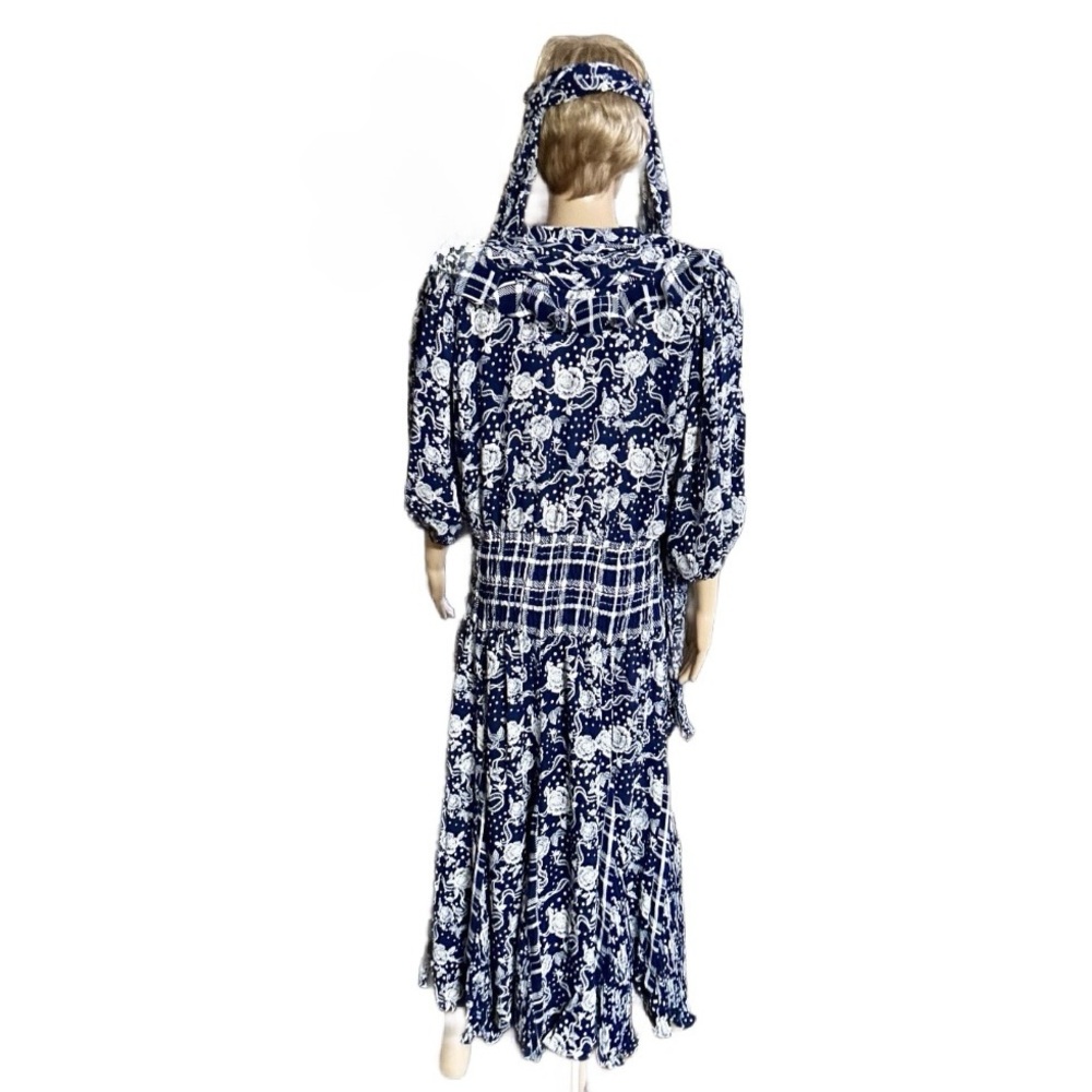 Diane Freis ~ Large ~ Vintage ~ Blue/White • Floral W/ Ruffles & Tie Boho Dress - Picture 2 of 16